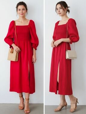 New! Reformation Gitane Linen Red Puff Sleeve Midi Dress NWOT